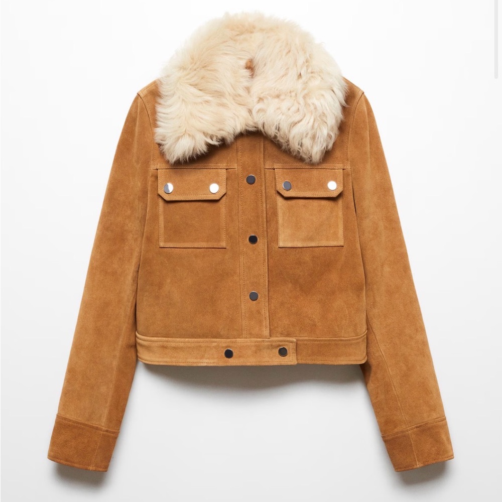 Mango Camel Leather Jacket with Plush Collar